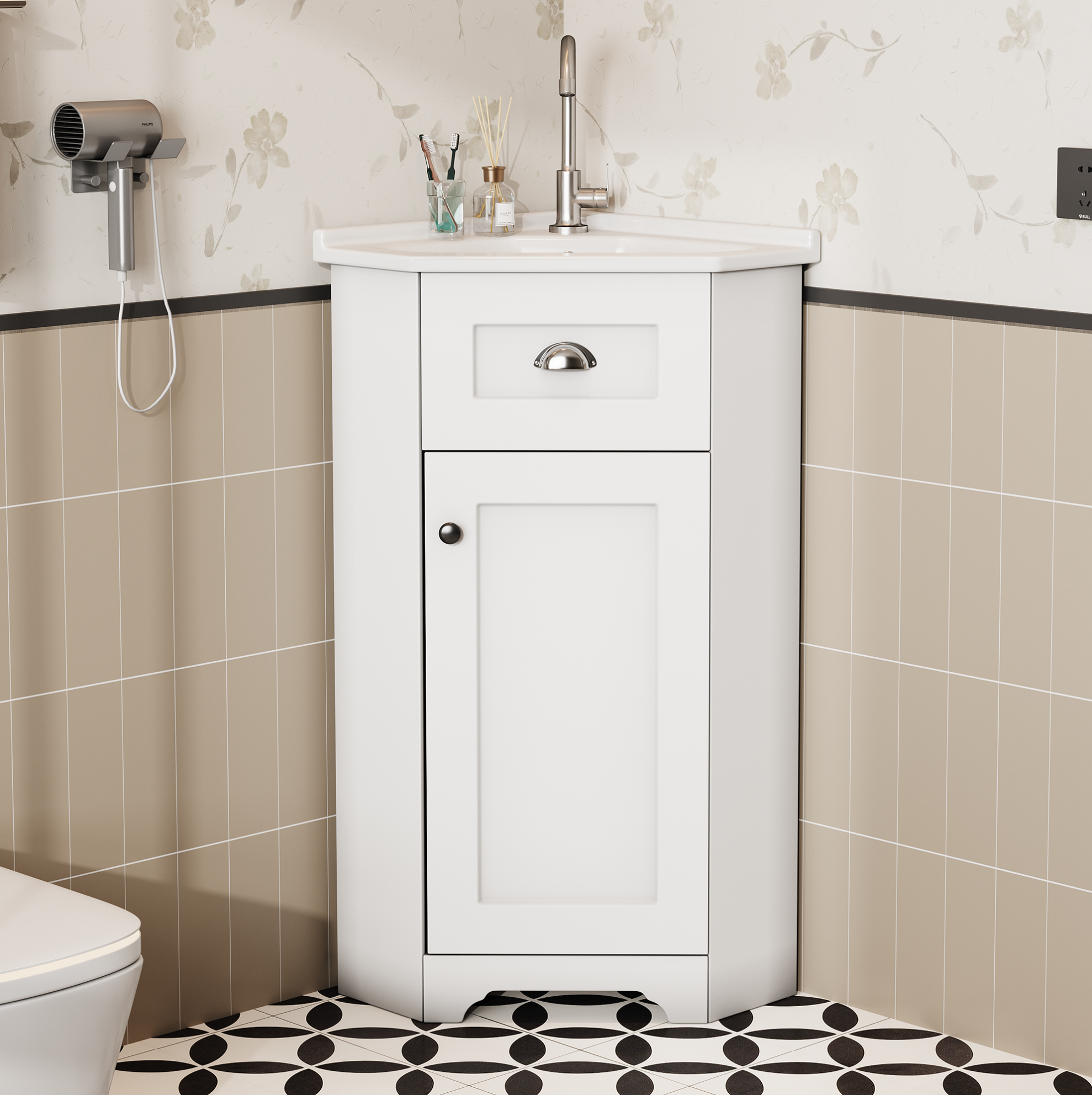 Waschtischunterschrank Mit Keramikwaschbecken, Integriertem Stauraum, Badezimmer, 59 × 42.5 × 90.5 Cm