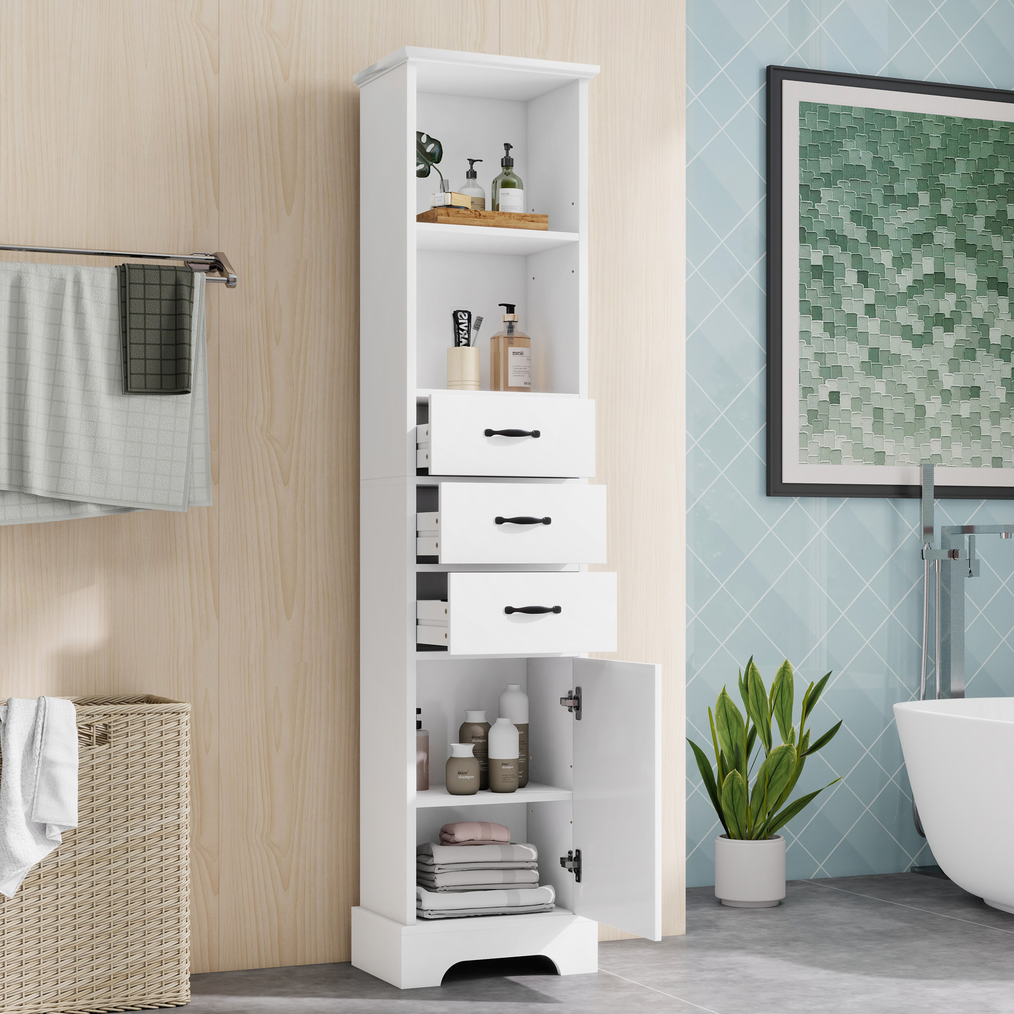 Badezimmerschrank Mit 1 Tür Und 3 Schubladen, 2 Fächern Und Verstellbaren Einlegeböden, Moderner Stil, Für Badezimmer, Mdf, Weiß, 38 × 26 × 172,5 Cm