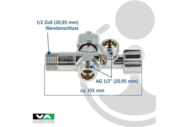 VA Albertoni Doppeleckventil Eckventil 1/2 Zoll (DN 15), mit 2 x 1/2 Zoll Abgängen, einzeln absperrbar - Messing verchromt D445694