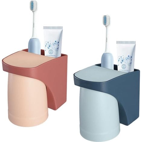 Set Mit 2 Wand-zahnbürstenhaltern, Selbstklebenden Zahnbürstenhaltern, Zahnbürstenbecherhaltern Ohne Bohren, Zahnbürstenhalter Mit Magnetischem Becher – Blau + Rot
