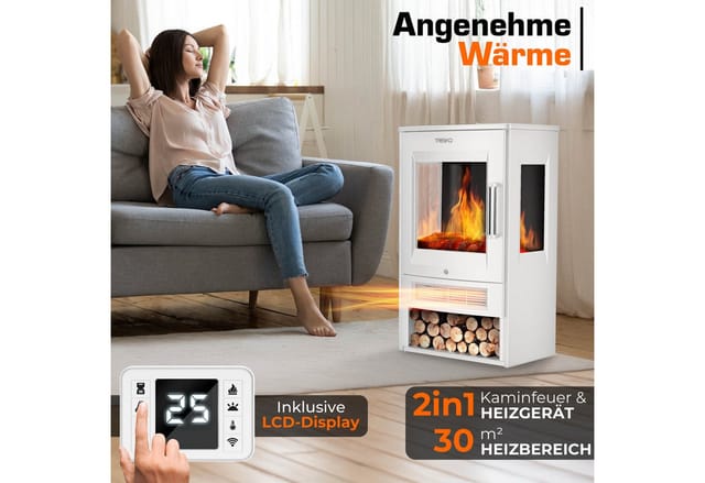TRESKO® Elektrokamin mit Heizung inkl. Fernbedienung & WiFi App Kamin elektrisch 1800W LED-Flammeneffekt Farbmodi Kaminfeuer Thermostat, Timer