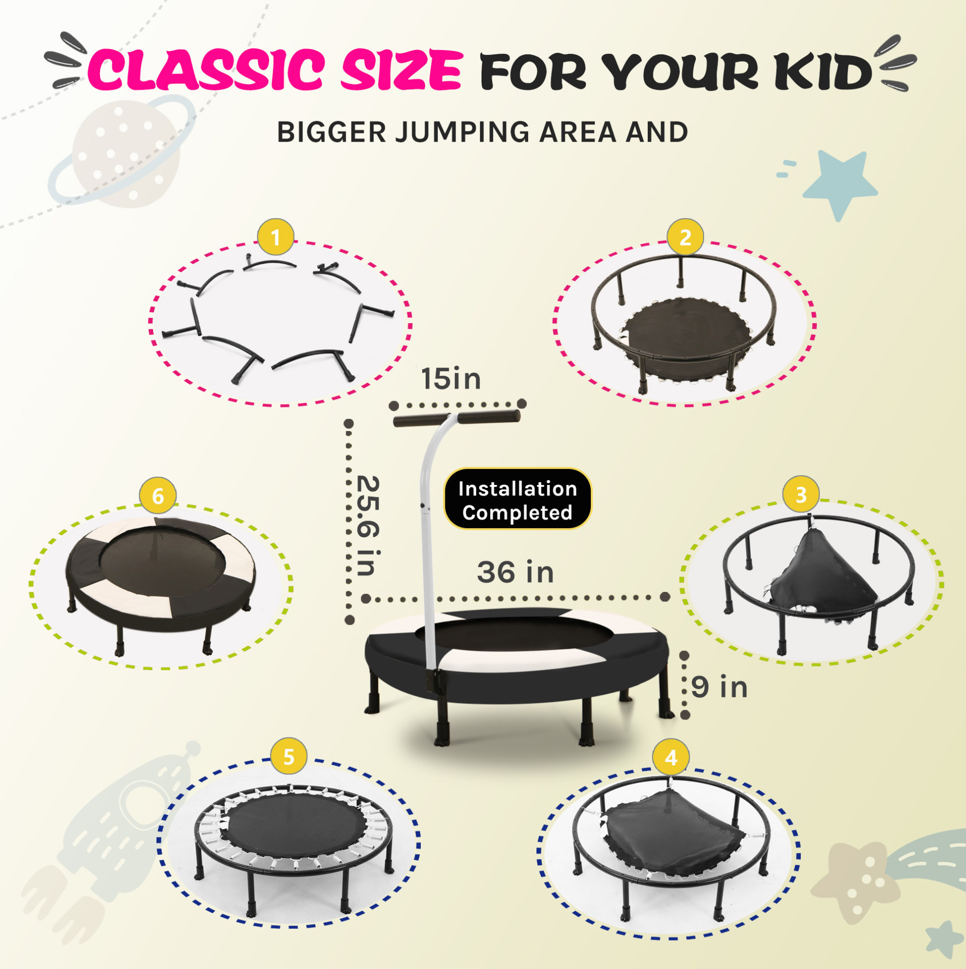 Kindertrampolin 91 Cm Mit Haltestange, Stahl, Schwarz Und Weiß Havrya
