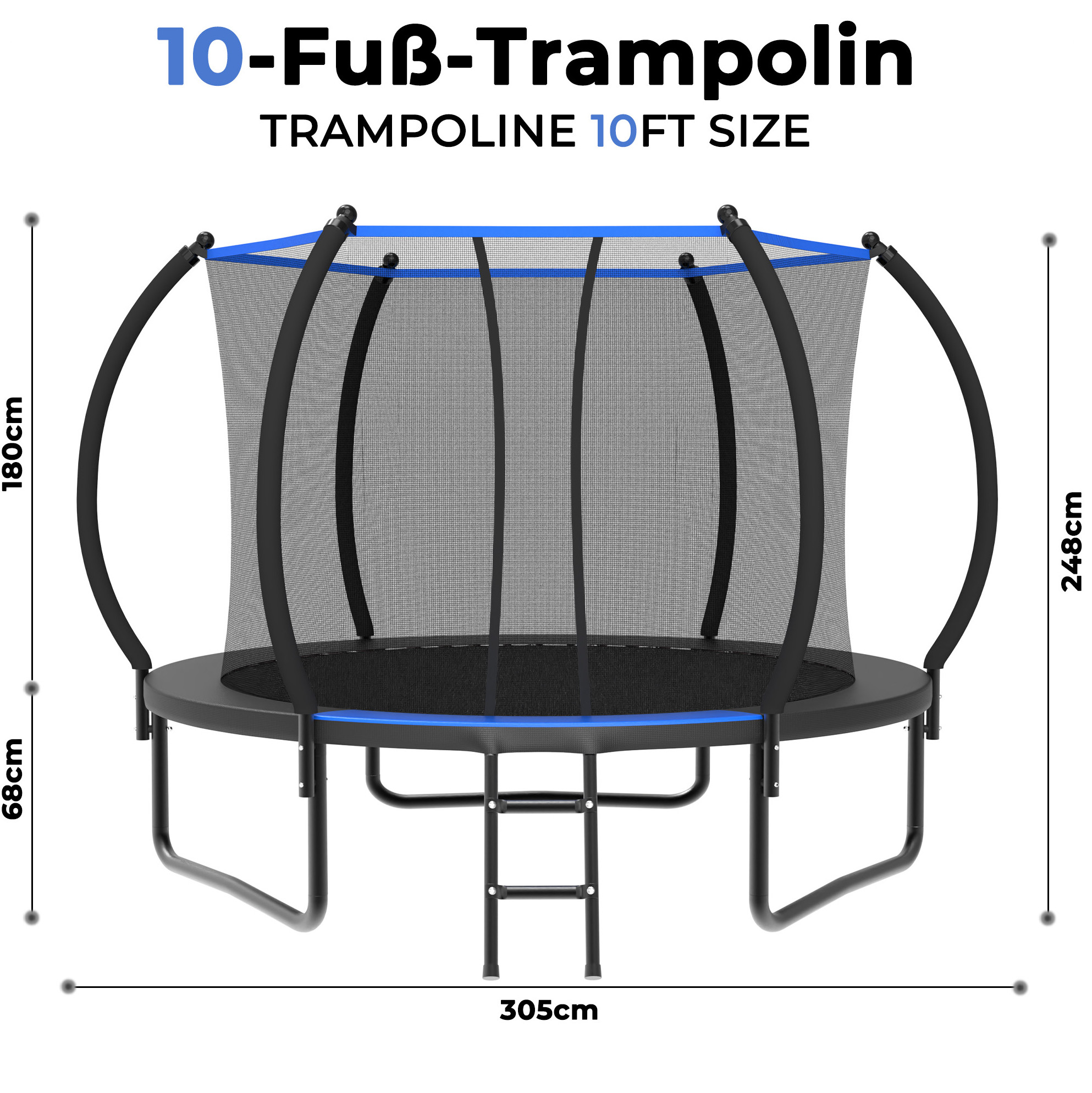 Rundes Trampolin 305 Cm Mit Sicherheitsnetz Und Leiter, En 71-14, Ce, Schwarz/blau Havrya