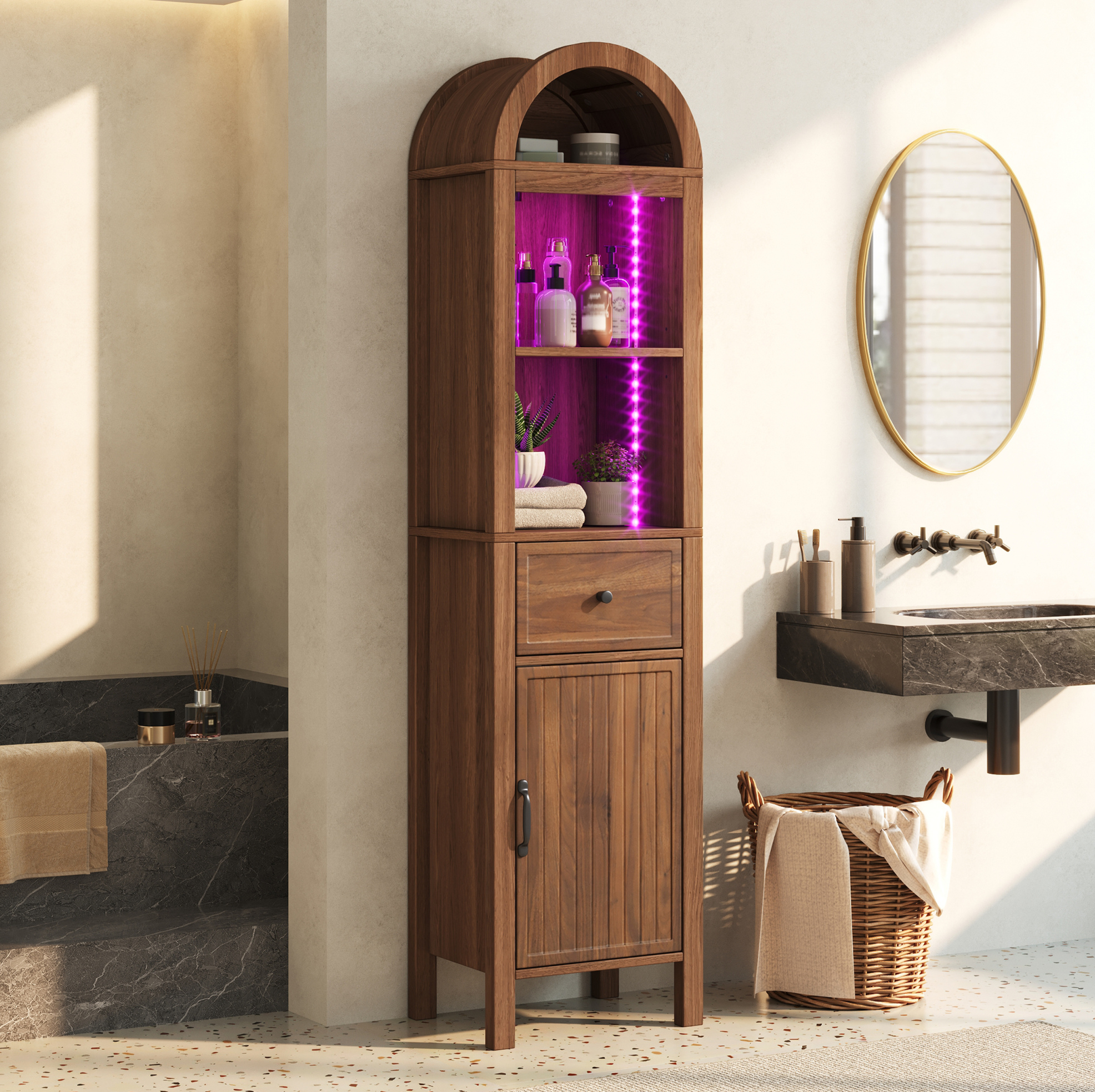 Hoher Badezimmerschrank Mit Led 40 X 30 X 163 Cm Mdf, Walnussfarbe Havrya