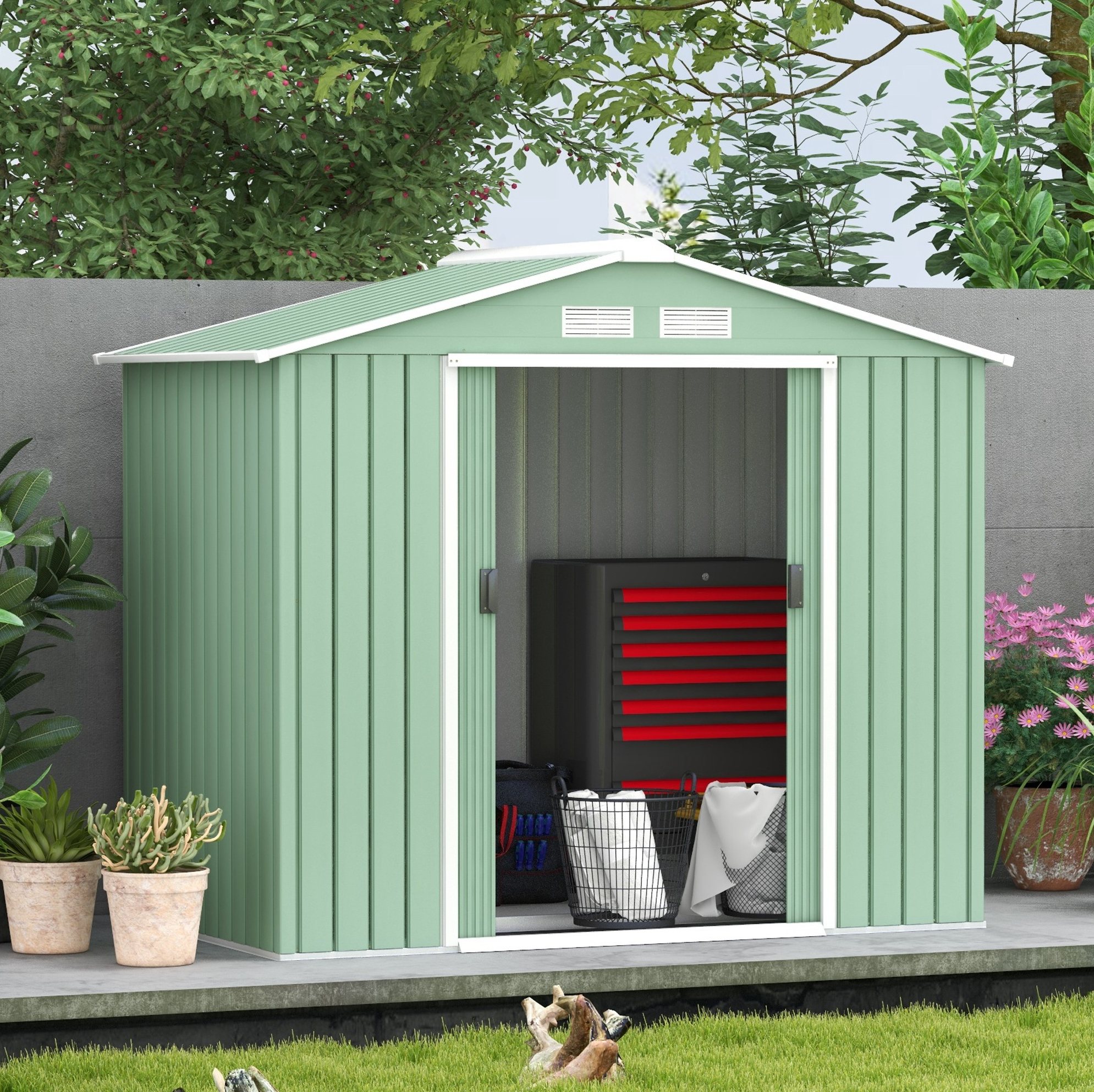 Metall-gartenhaus Mit Schiebetüren, 213 X 130 X 185 Cm, Hellgrün Havrya