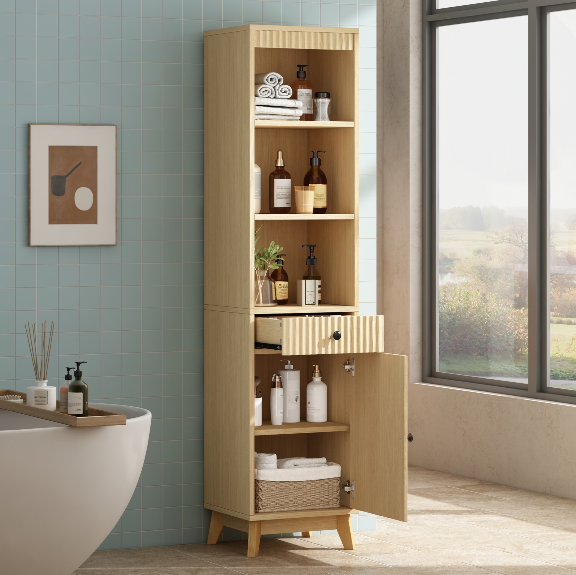 Badezimmerschrank 40 X 36 X 172 Cm, Freistehend, Mit Schublade, Soft-close, Naturholzfarben Havrya