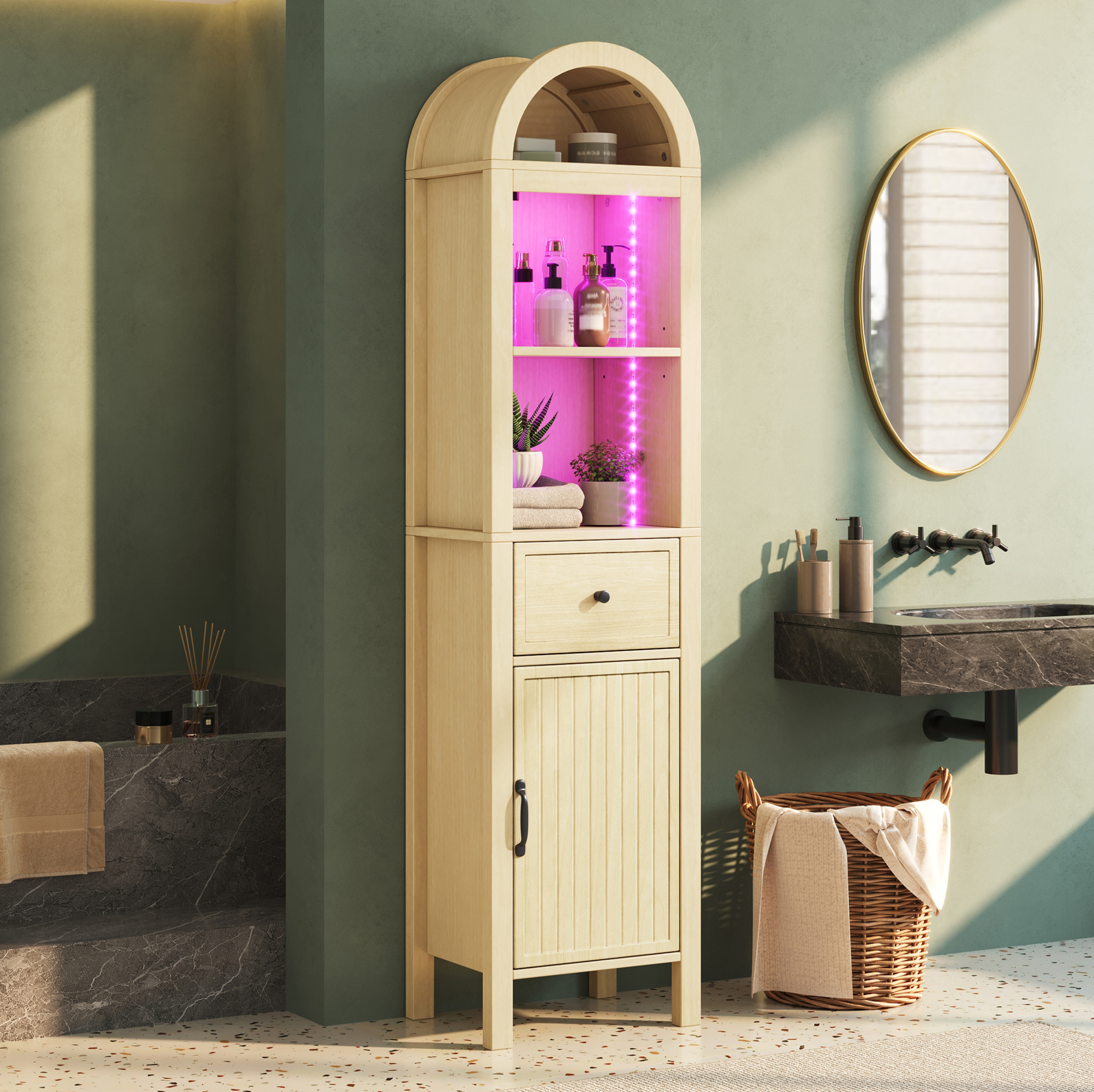 Hochschrank Fürs Badezimmer 40 X 30 X 163 Cm, Rgb-led, Schublade, Wendbare Türen Havrya