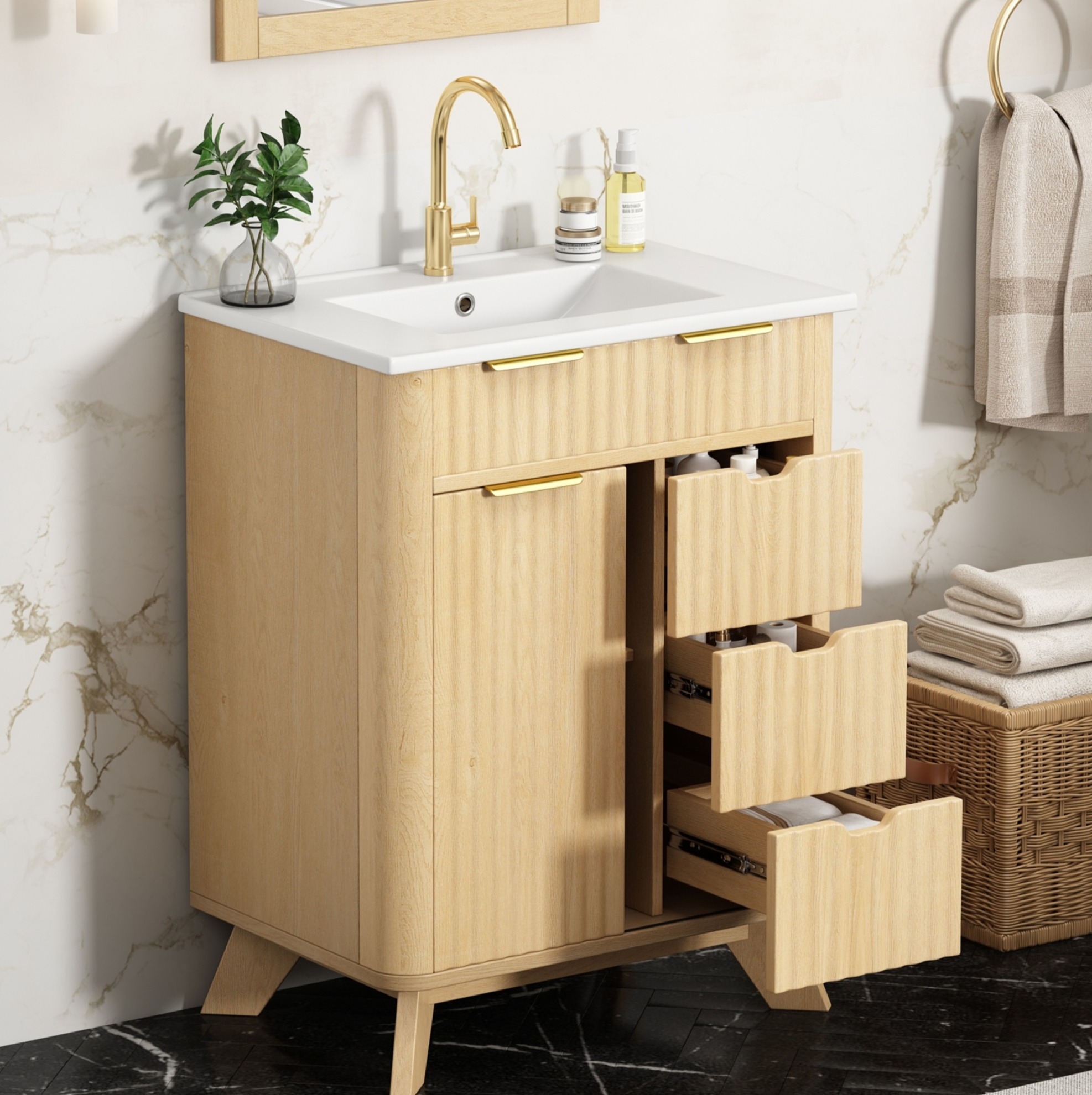 Badmöbel Mit Waschbecken 61 Cm, 3 Schubladen, Schiebetür, Naturholz Havrya