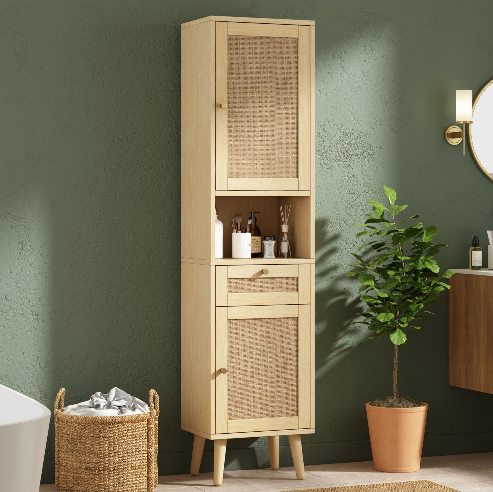 Hohes Badmöbel 40 X 30 X 166 Cm Mit Schublade, Wendbaren Türen, Mdf Natur Havrya