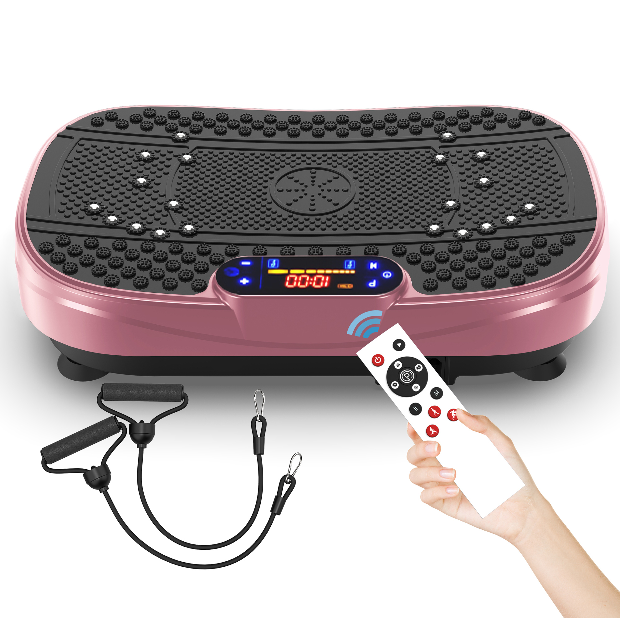 Vibrationsplatte Für Fitness Mit 2 Widerstandsbändern, Einstellbarer Geschwindigkeit, Rosarot