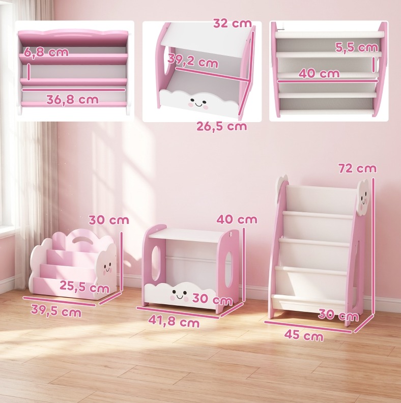3-in-1 Kinderregal, Modulares Buecherregal Und Nachttisch, Rosa, Havrya