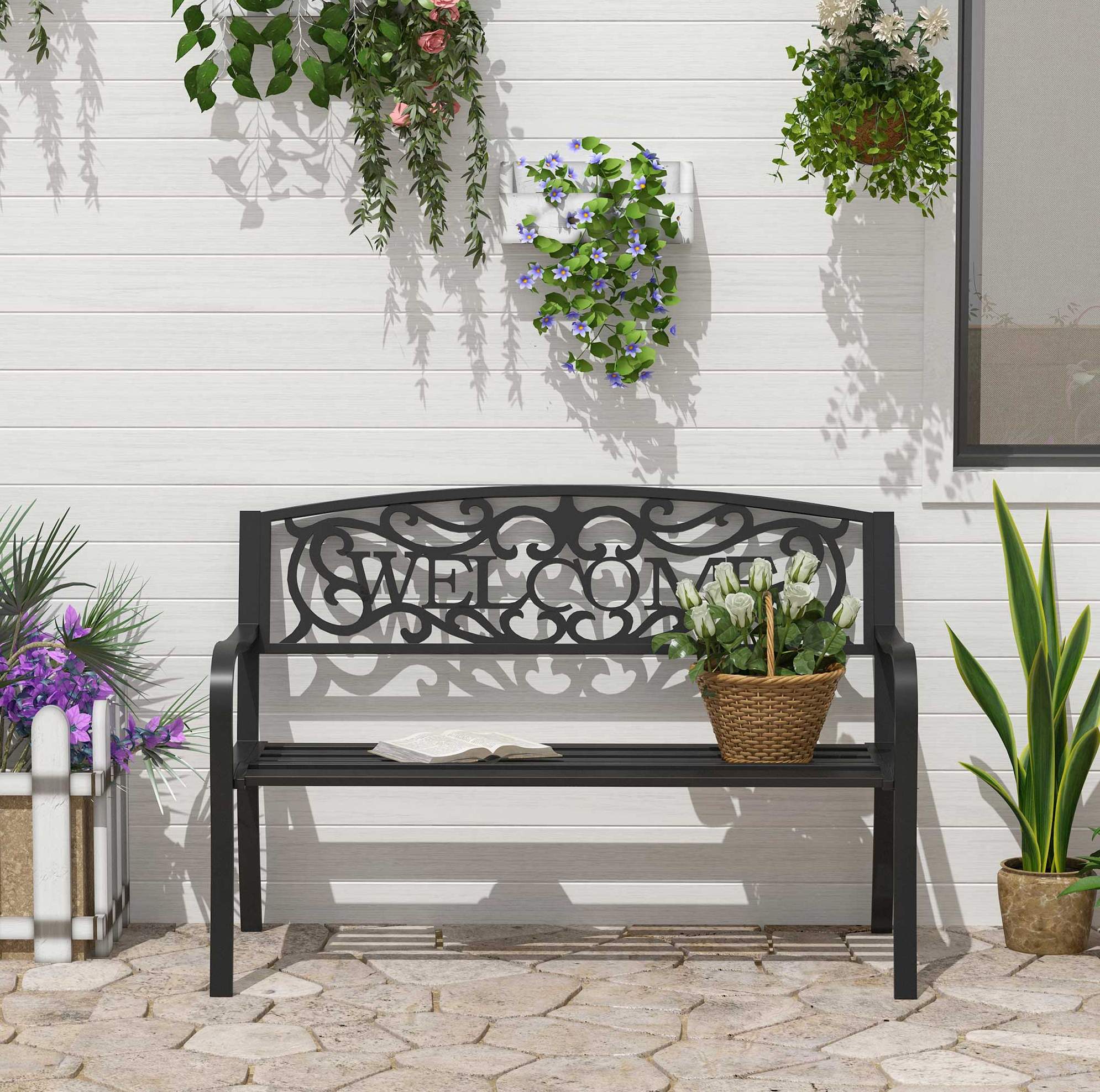 2-sitzer Gartenbank Aus Schwarzem Metall, Welcome-lehne, 127 X 60 X 87 Cm Havrya