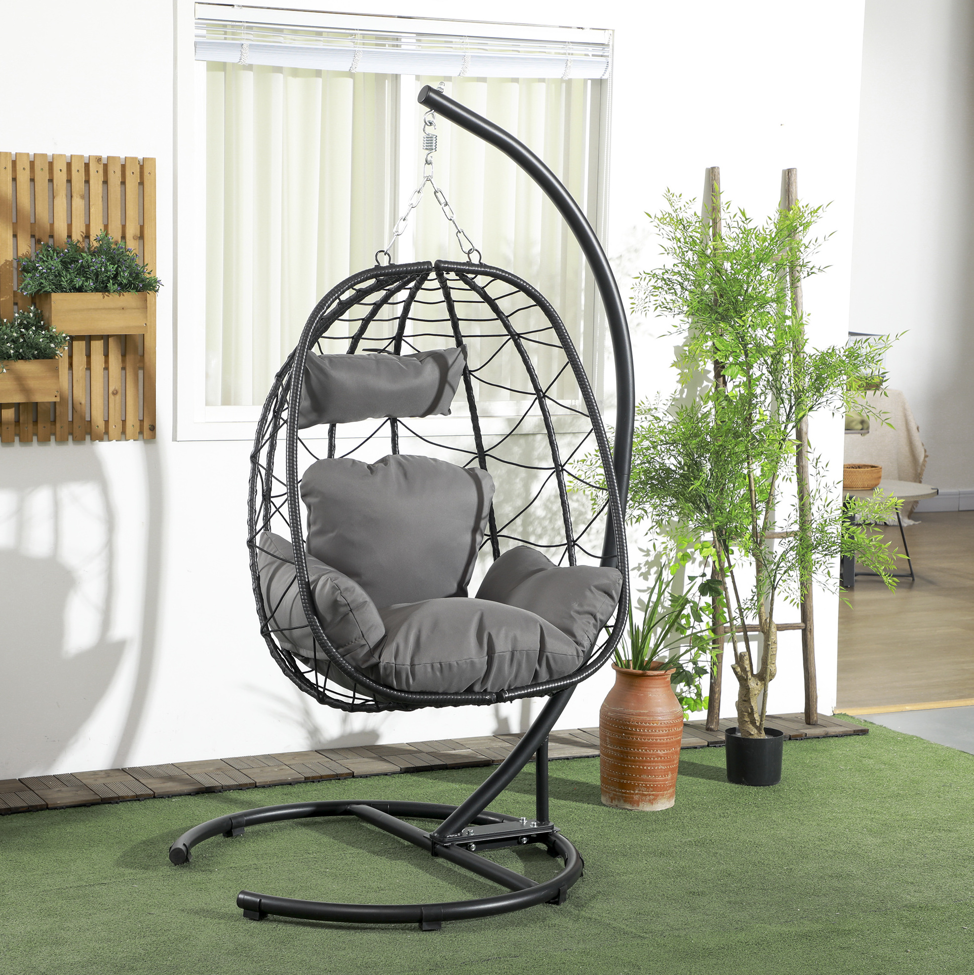 Hängesessel Aus Rattan Mit Gestell, Kissen Und Wasserdichter Schutzhülle, Schwarz Havrya