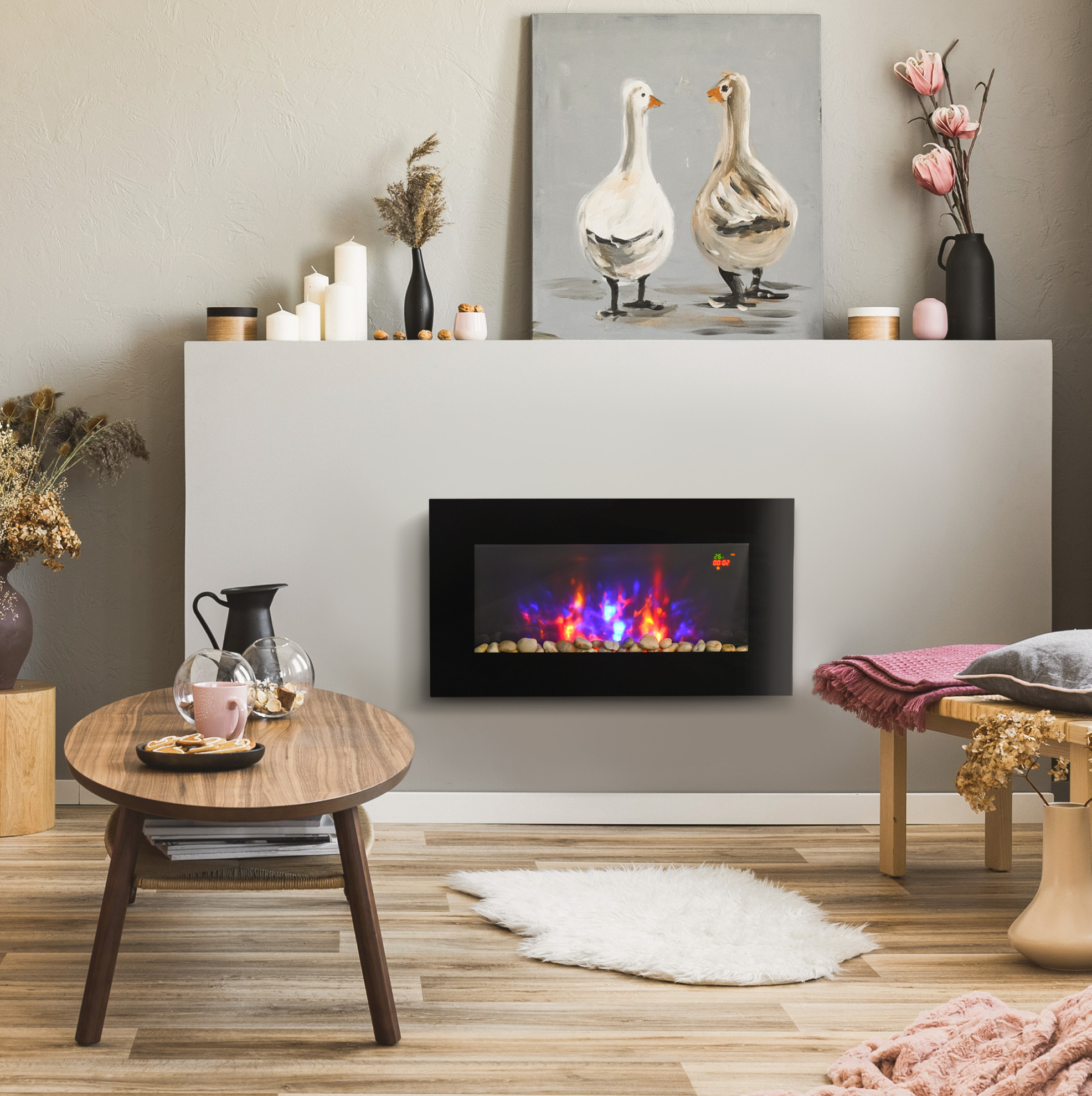 Elektrischer Wandkamin 1000/2000 W, Led-flamme Mit 7 Farben Und Fernbedienung, Schwarz