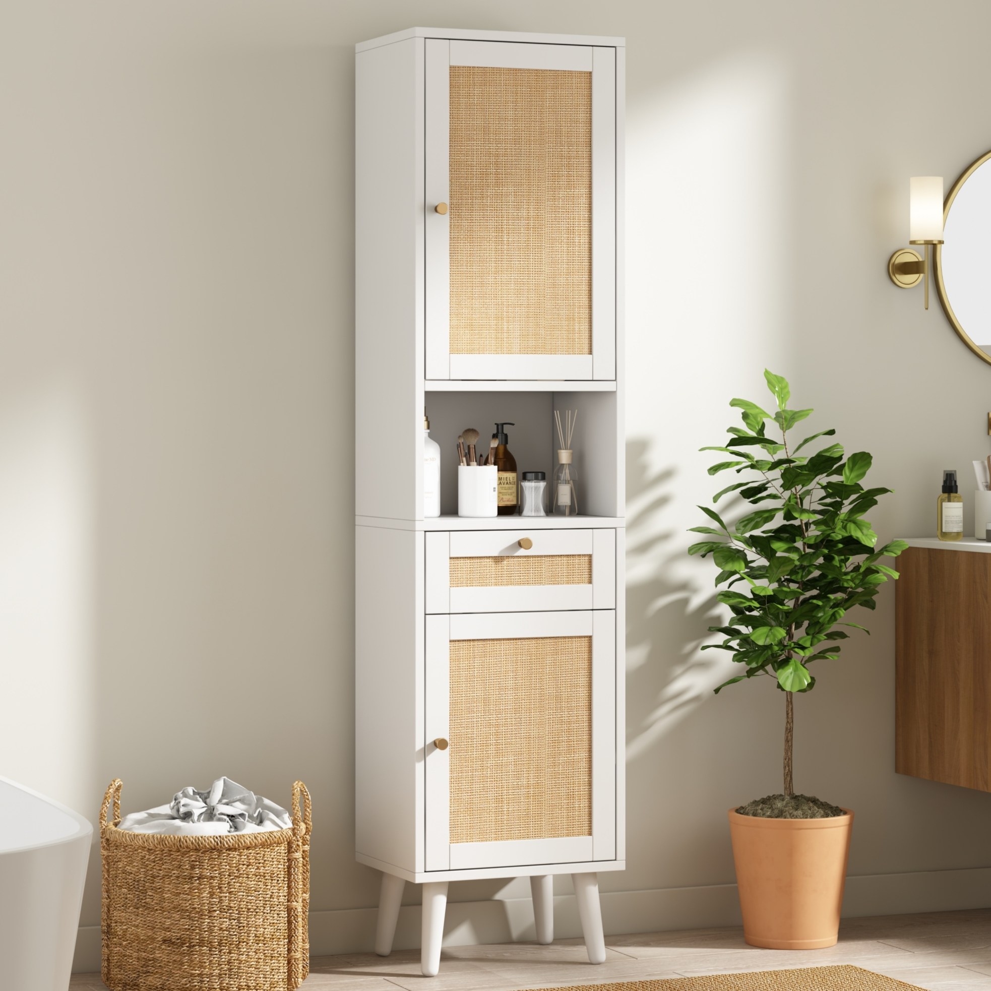 Hohes Badmöbel 40 X 30 X 166 Cm Weiß Mit Schublade, Reversiblen Türen Und Soft-close Havrya