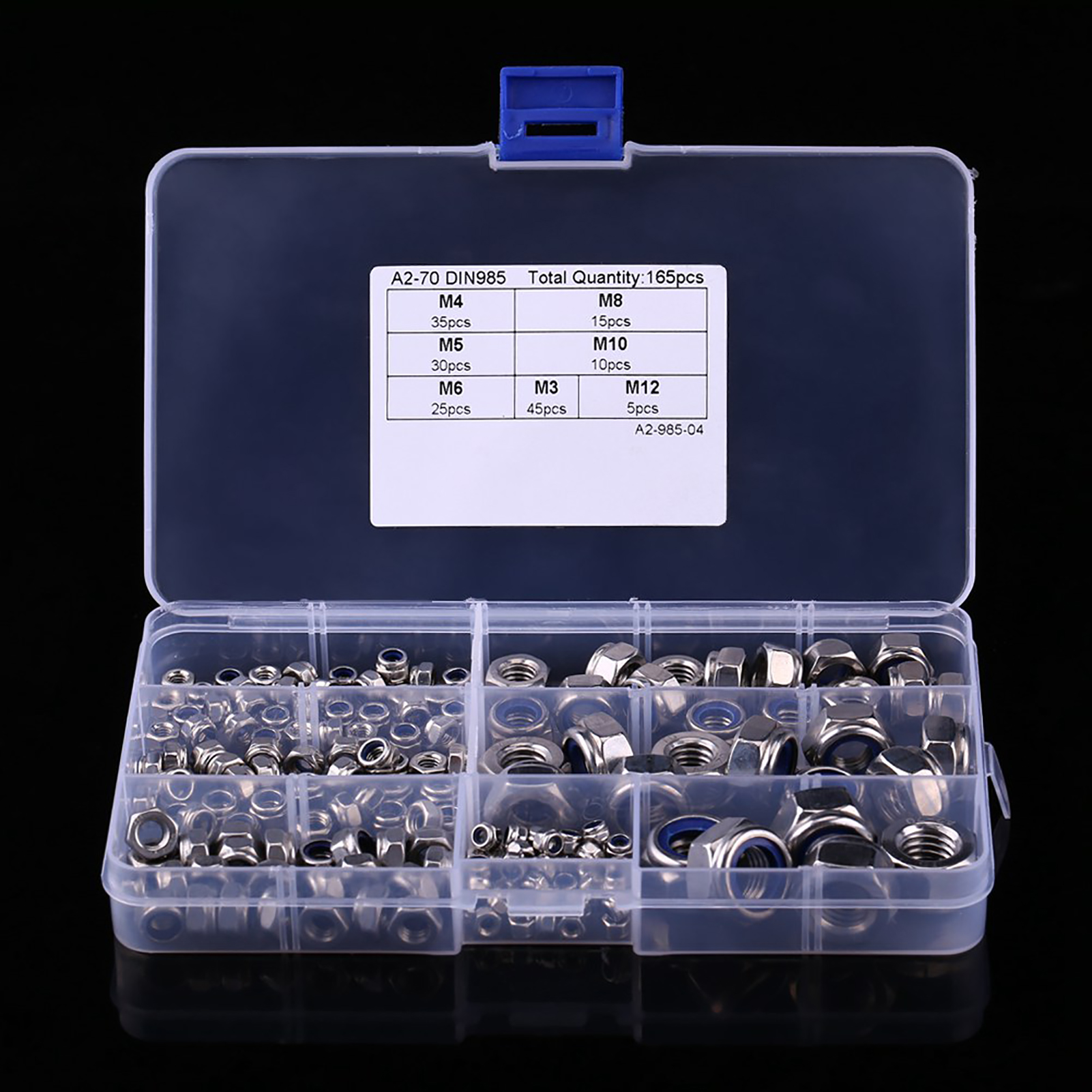 Kit D'Assortiment De 165 Écrous De Blocage À Insert Nylon En Acier Inoxydable Ss304, Tailles M3, M4, M5, M6, M8, M10 Et M12.