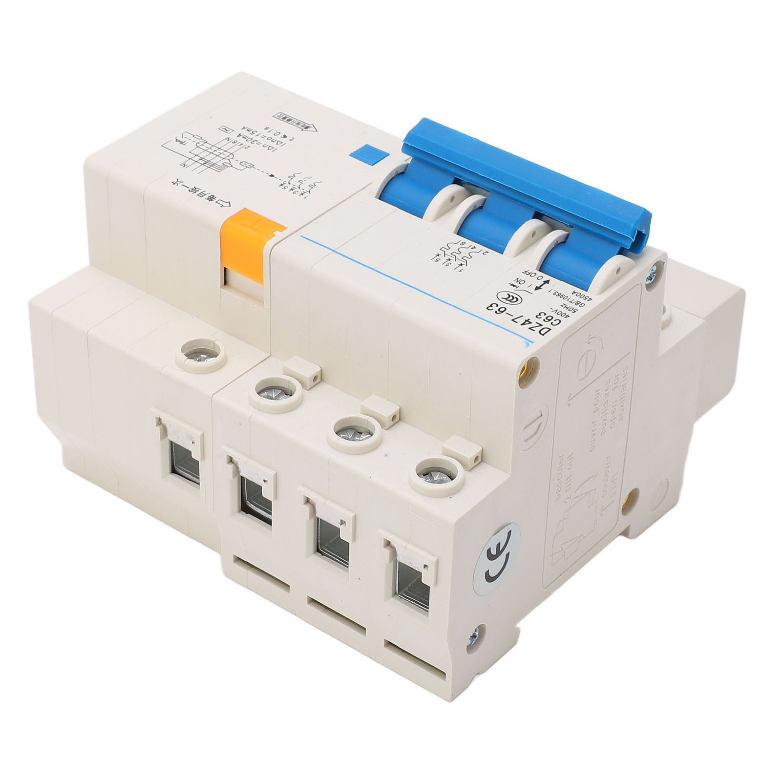 Disjoncteur Tripolaire (3p) Et Neutre (n) Pour Montage Sur Rail Din, Pouvoir De Coupure De 4500 A, 400 V, 63 A, Pour Usage Domestique Ou Bureau.