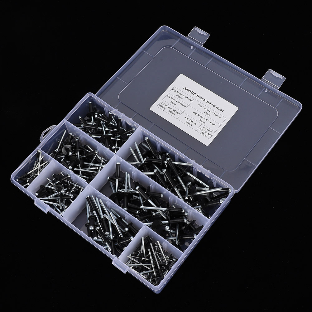 Kit De 200 Rivets Aveugles Noirs En Aluminium, Assortiment De Fixations 3,2/4,0/4,8 Mm