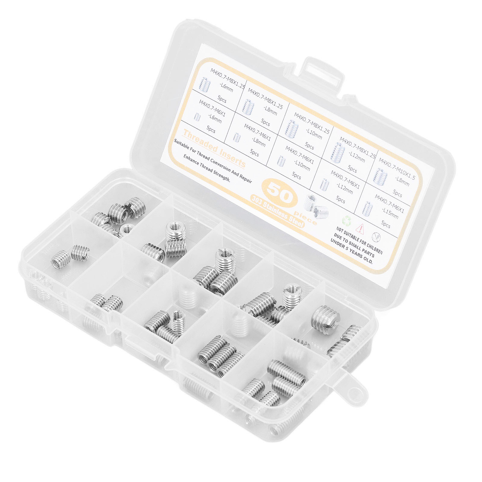 Kit De 50 Inserts Filetés En Acier Inoxydable 303 Avec Boîte De Rangement Argentée
