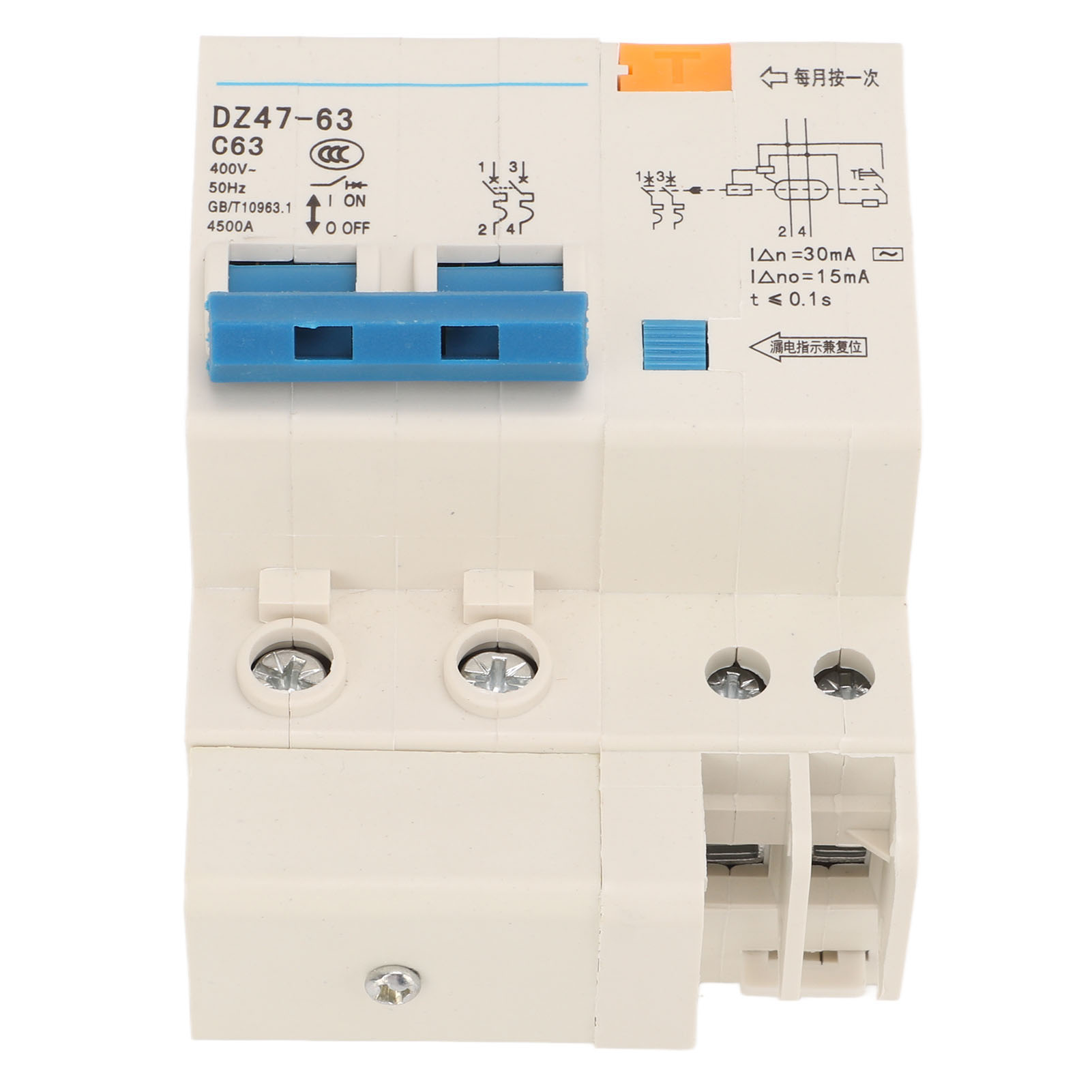 Disjoncteur Miniature 63 A Bipolaire Avec Protection Contre Les Fuites À Air, Montage Sur Rail Din, 400 V