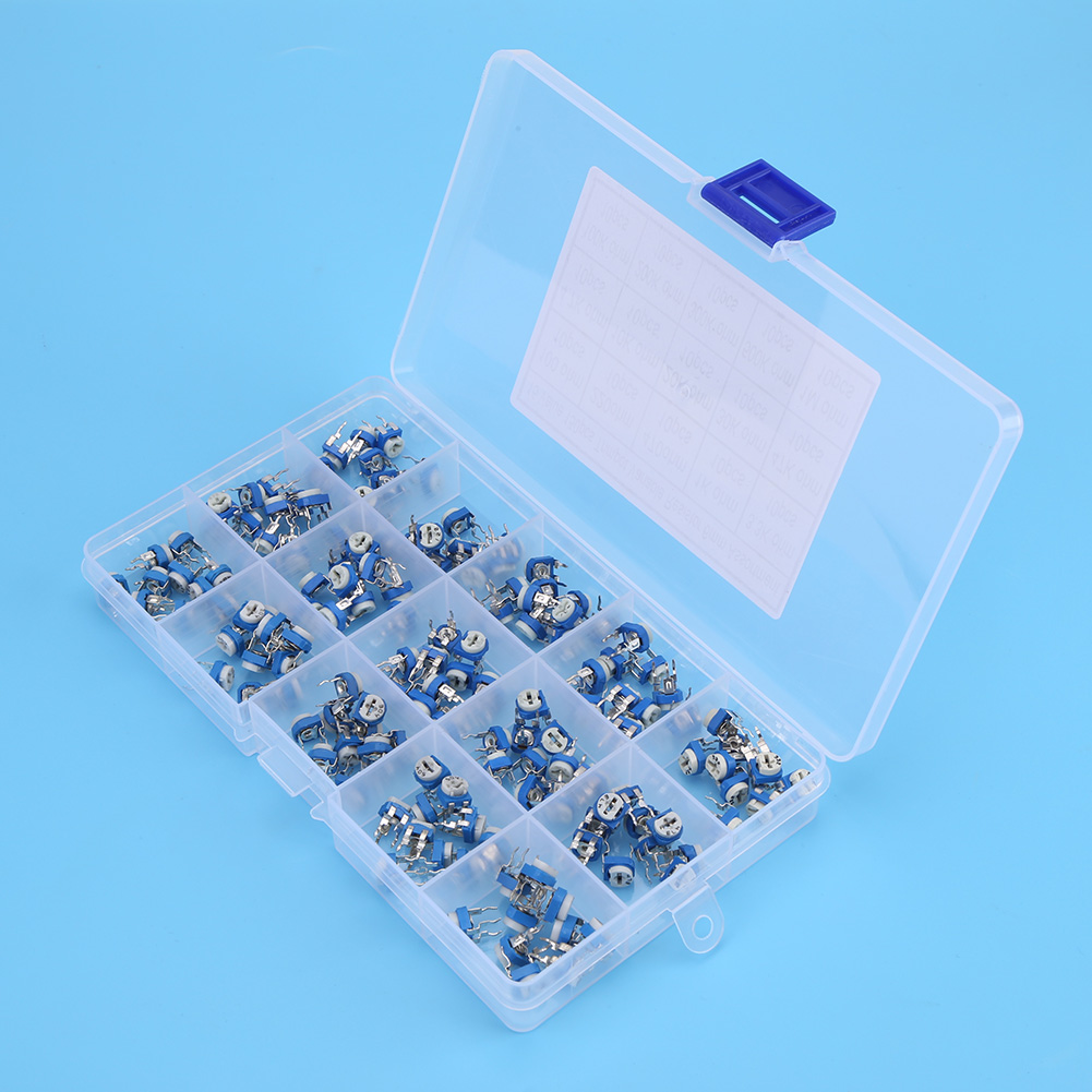 150 Potentiomètres Ajustables Verticaux Bleus Et Blancs De 100 Ohms À 1 Mohm Pour Circuits Imprimés.