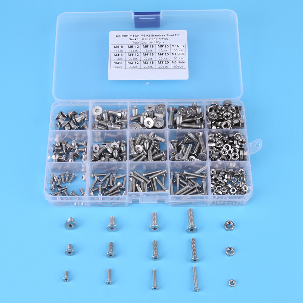Kit De 440 Vis Et Écrous À Tête Plate Hexagonale Creuse En Acier Inoxydable M3, M4 Et M5