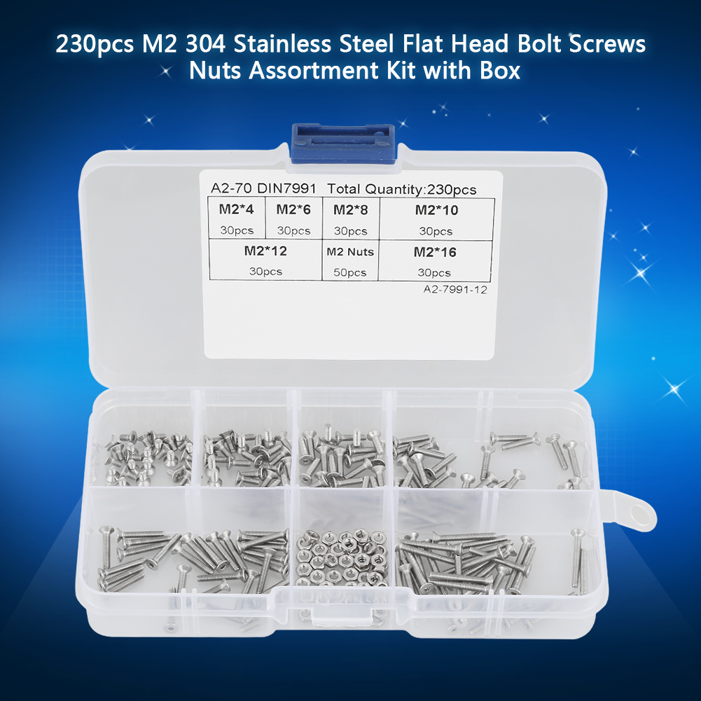 Kit D'Assortiment De 230 Vis Et Écrous À Tête Plate M2 En Acier Inoxydable 304 Avec Boîte