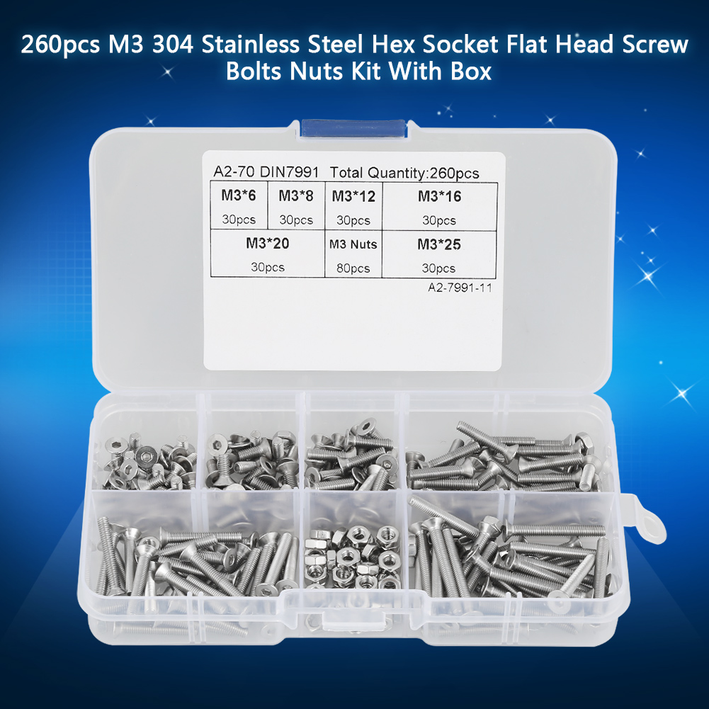 Kit De 260 Vis Et Écrous À Tête Plate Hexagonale Creuse M3 En Acier Inoxydable 304 Avec Boîte