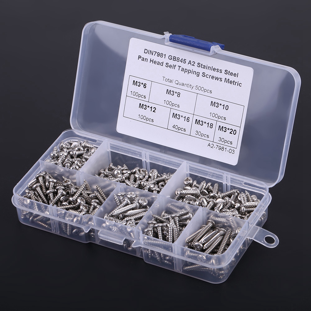 Assortiment De 500 Vis Autotaraudeuses À Tête Bombée Cruciforme M3 En Acier Inoxydable 304