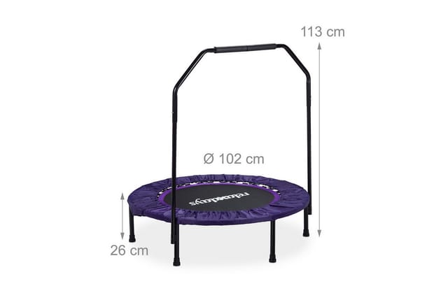 Relaxdays Trampolin mit Haltestange, Ø 102 cm, faltbares Minitrampolin bis 120 kg, Fitnesstrampolin indoor, lila
