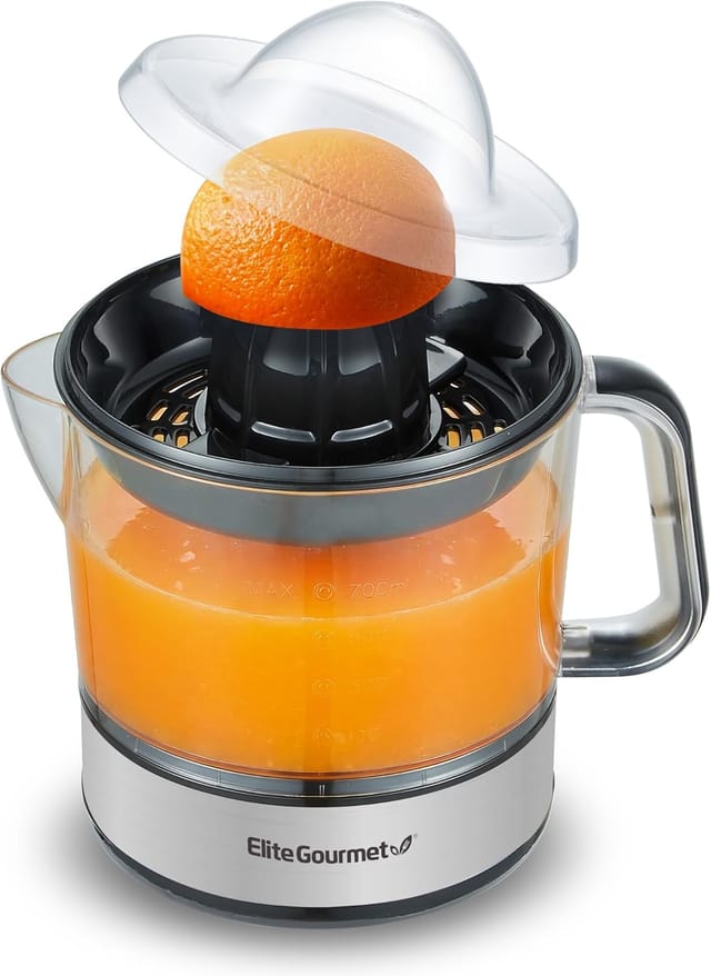 Elektrische Zitruspresse, Bpa-frei, Kompakt, Großes Fassungsvermögen, Fruchtfleischkontrolle, Für Orangen, Zitronen, Limetten Und Grapefruits Mit Praktischem Ausgießer, 710 Ml, Schwarz/edelstahl