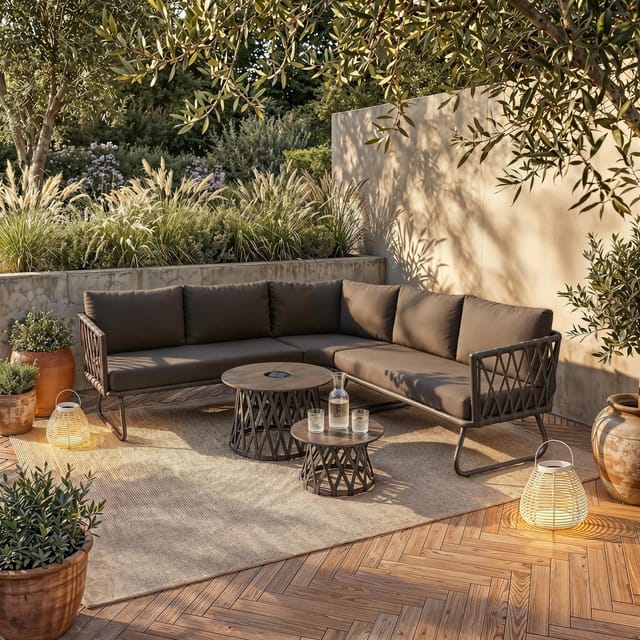Bessagi Garden Loungegarnitur Elea Dunkelgrau Solarbeleuchtung + Abdeckung