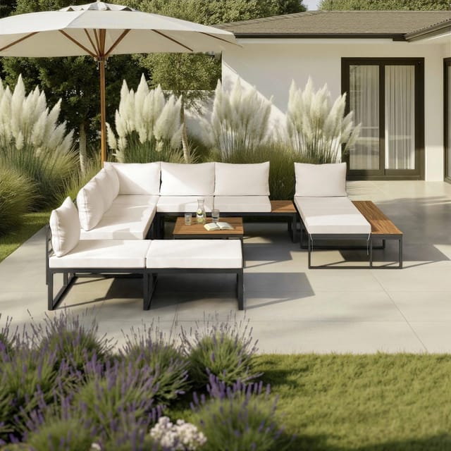 Bessagi Garden Loungegarnitur Adriano Creme Akazie/Metall/Outdoorstoff