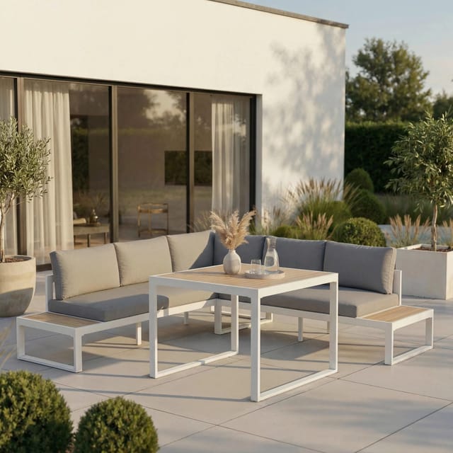 Bessagi Garden Dining-Loungeset Veneya Grau Outdoorstof/Metall/Polywood