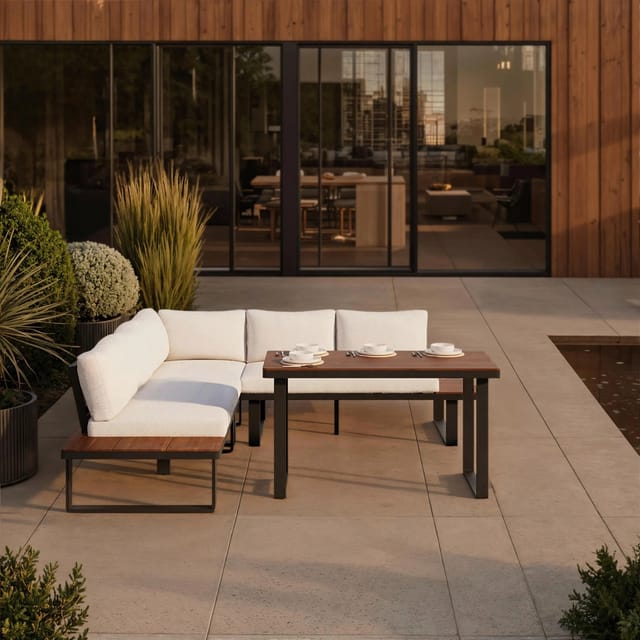 Bessagi Garden Dining-Loungeset Gianna Holz Outdoorstoff/Metall +Abdeckung
