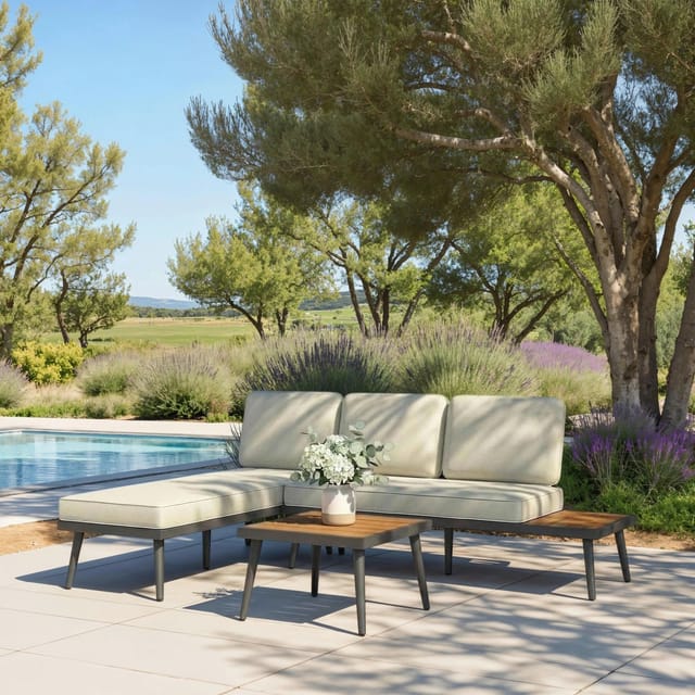 Bessagi Garden Loungegarnitur Sallie Creme Holz/Metall/Outdoorstoff