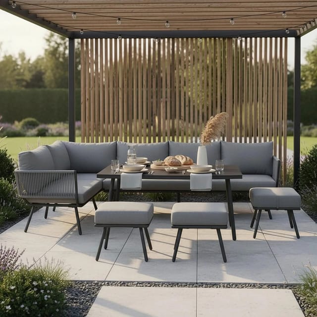 Bessagi Garden Dining-Loungeset Camilla Grau Outdoorstoff/Metall/Glas