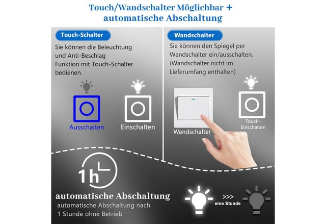 Aica Sanitär Badspiegel Rund 50 cm Dimmbar Helligkeit und Speicherfunktion Touch Wandschalter Spiegel mit LED Beleuchtung Kaltweiß