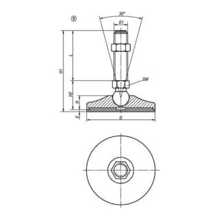 KIPP Gelenkfuß D=100 M24x175 SW20 Form B Anti-Slip-Platte Stahl Gummi