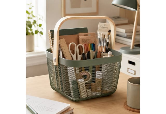Relaxdays Aufbewahrungskorb, mit Henkel, Kleidung, Deko, Stahl & Holz, Utensilienkorb, HBT: 17,5x26x24,5 cm, mint