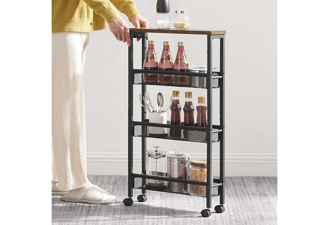 Relaxdays Nischenwagen, HxBxT: 77x13x45 cm, schmales Nischenregal Bad & Küche, 4 Ebenen, Rollregal Metall, braun/schwarz