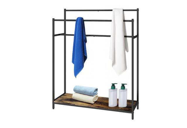 Relaxdays Handtuchständer mit Ablage, HBT: 100x82x29 cm, Industrial, 3 Stangen, Handtuchhalter stehend, braun/schwarz