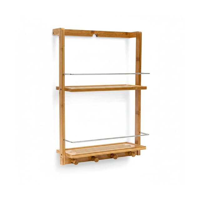 Relaxdays - Duschregal Bambus HxBxT:53x38x15,5cm, 2 Ablagen, feuchtigkeitsresistent, Hängeregal mit 4 Haken, natur