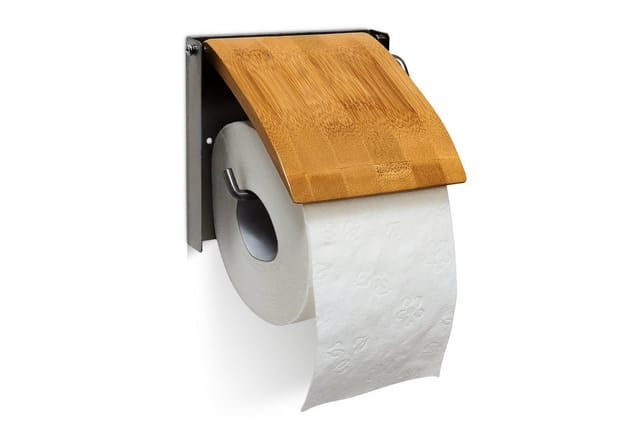 Relaxdays - WC-Rollenhalter, HxBxT:13,5x14,5x13,5cm, für 1 Klopapierrolle, Wandmontage, Bambus/Edelstahl, natur