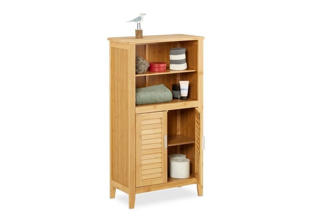 Badezimmerschrank lamell Bambus, hbt: ca. 92 x 50 x 25 cm, Badschrank mit Türen in Lamellen-Optik, natur - Relaxdays