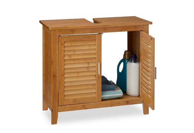 Waschbeckenunterschrank lamell, 2 Türen, Waschbecken & Waschtisch, Bambus & mdf, hbt: 60 x 67 x 30 cm, natur - Relaxdays