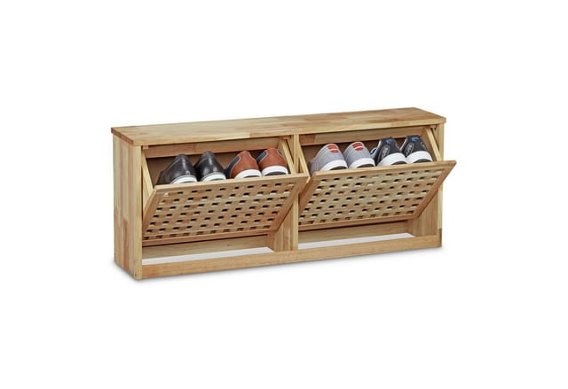 Relaxdays - Schuhkipper Walnuss, massiv Holz, HxBxT:38x94x20cm, Schuhkommode/Schuhregal, moderne Aufbewahrung, natur