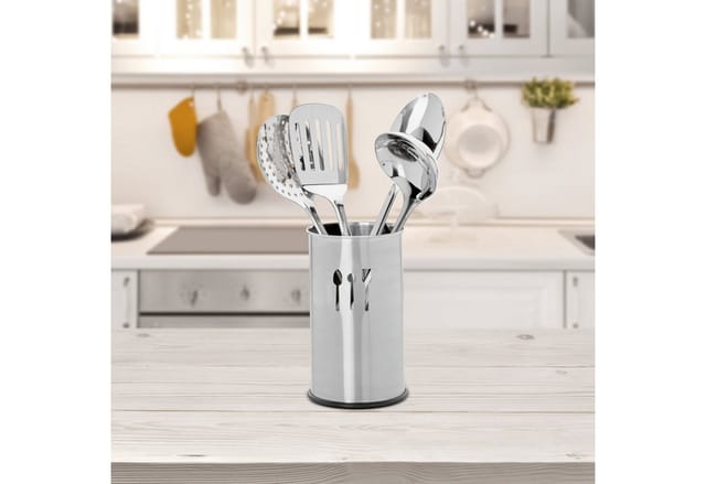 Küchenhelfer Set Edelstahl, 5 Teile, Besteckhalter, 4 Küchenutensilien, Kochzubehör, Kochgeschirr, silber - Relaxdays