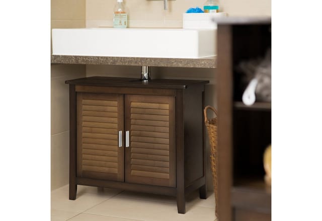 Waschbeckenunterschrank dunkelbraun lamell, Badschrank aus Bambus, Waschbeckenschrank, hbt: 60 x 67 x 30 cm - Relaxdays
