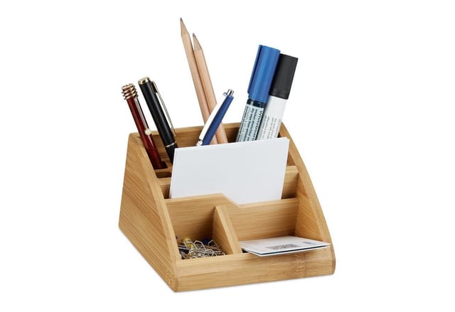 Schreibtisch Organizer Bambus, Stiftehalter Holz, Stiftebox Schreibtisch, Büro, HxBxT: 9 x 13 x 16 cm, natur - Relaxdays
